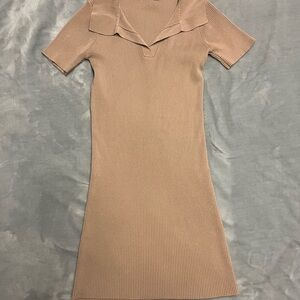 Tan Ribbed Sheath Midi Dress with Sailor Collar